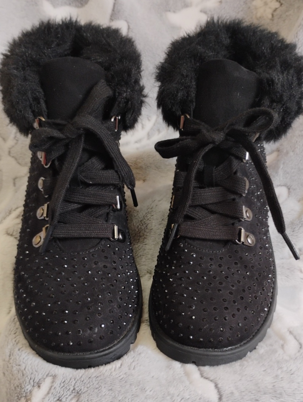 Justice Black Faux-Fur Lace-Up Winter Boots With Studded Accents 8
